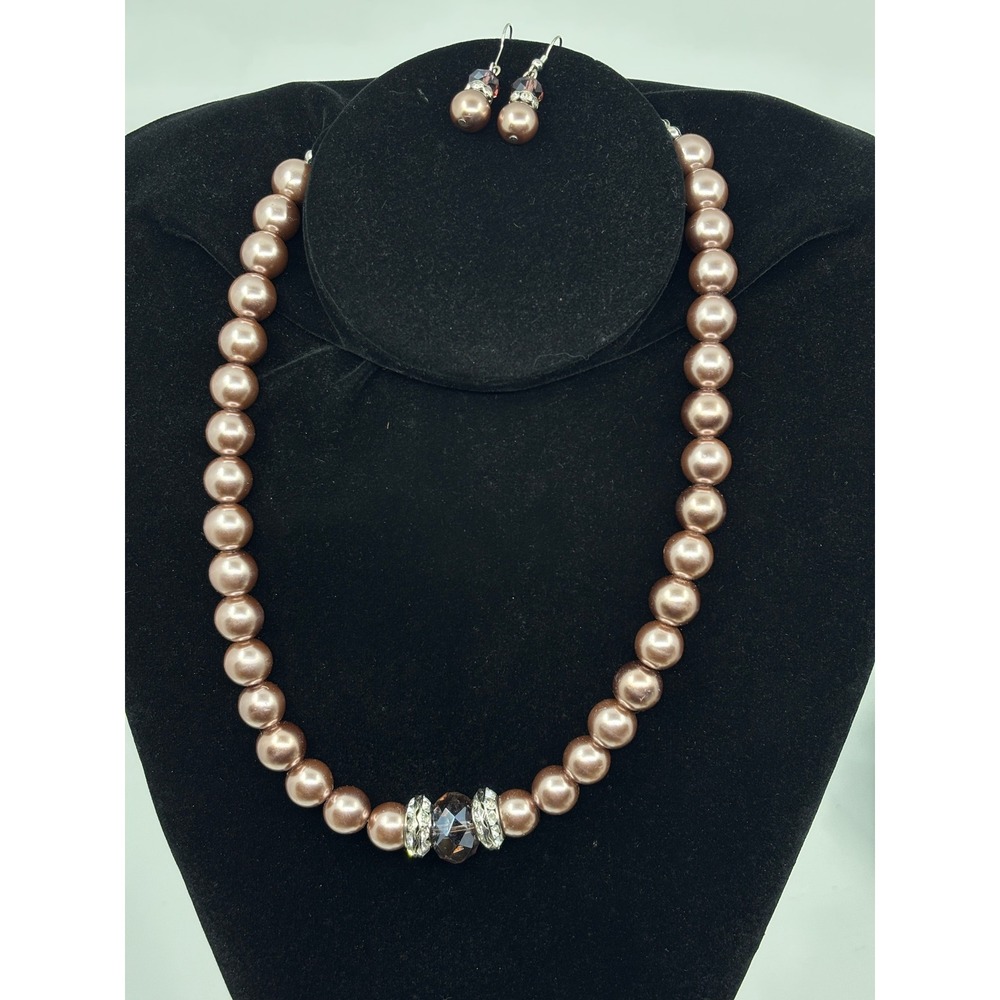 Mauve Faux Pearl Necklace and Earring Set Rhinestone Crystal Accents Silver Tone